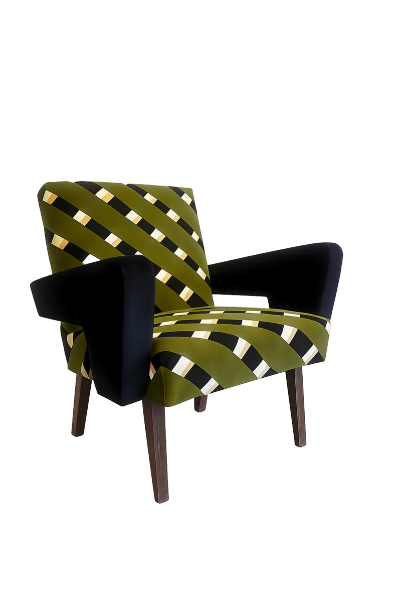 Lounge Chair H-269 von Jindřich Halabala, neu bezogen in Denimblau mit weißer Paspel