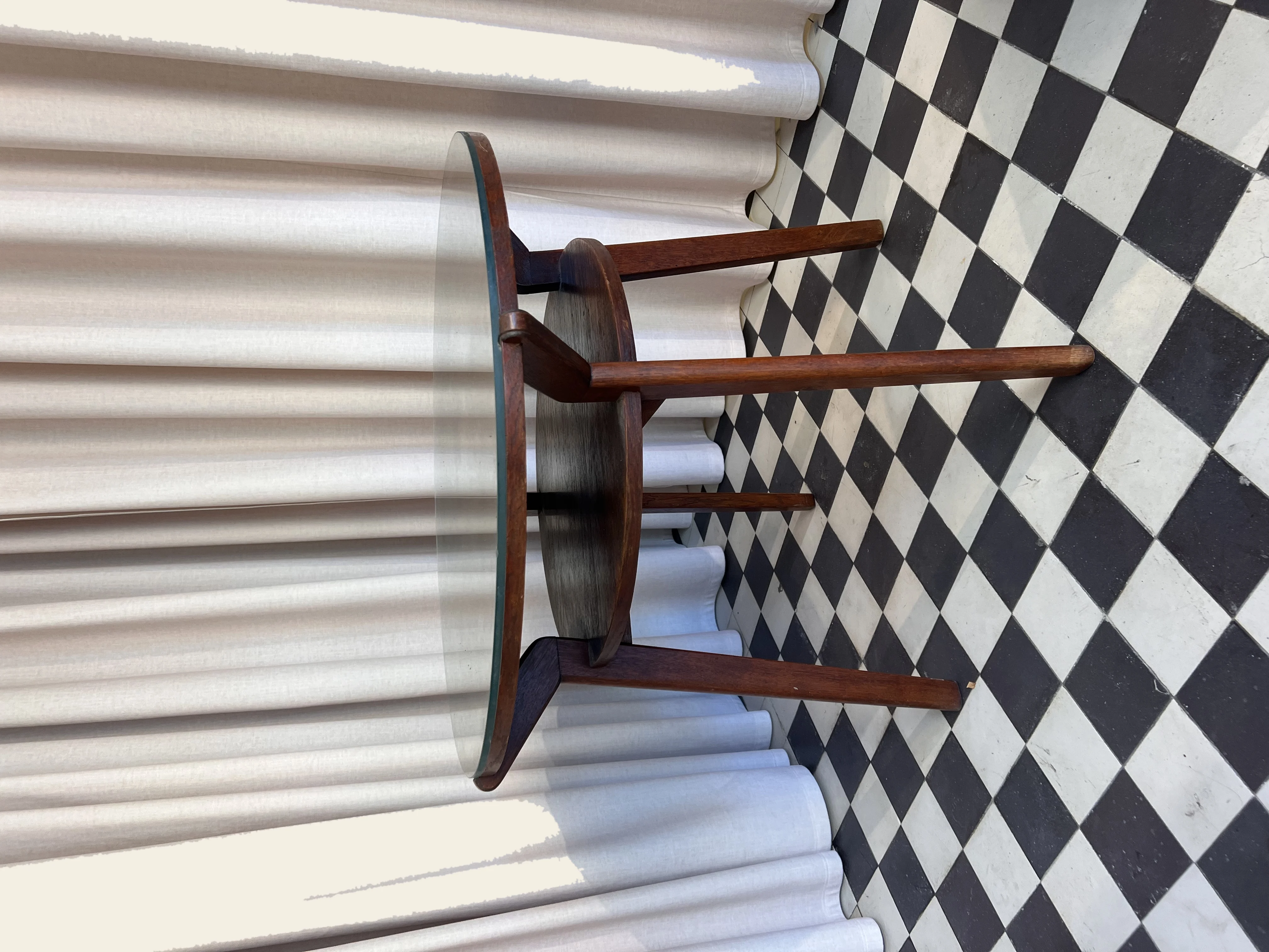 Round “Spider” side table, oak & glass — 1930s–50s
